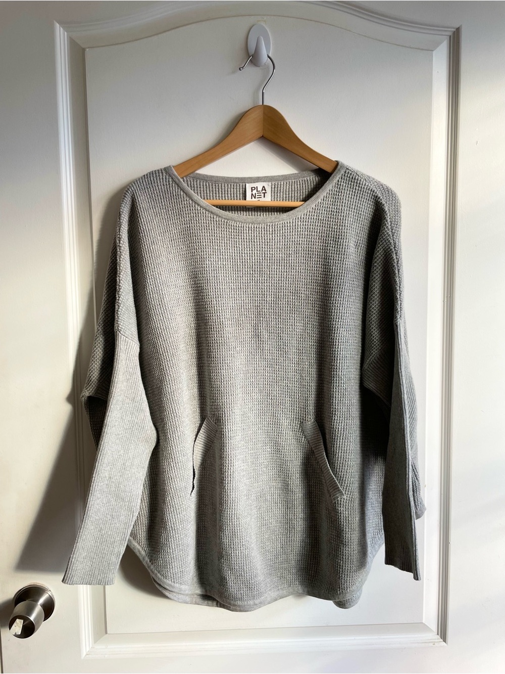 Planet By Lauren G Dolman Sleeves Curved Hem Waffle Knit Top One Size Pockets